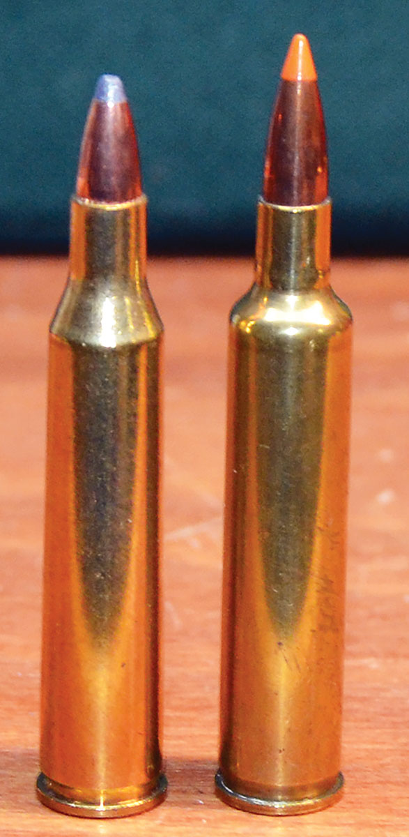 Fire-forming the 220 Swift case (left) in the chamber of a  rifle in 220 Rocket increased its capacity by about 9 percent. Velocity gained varied with various powders used varied but since 3⁄4 inch of freebore in the chamber of the Weatherby rifle allowed the use of heavier powder charges, it was usually a bit faster than for the standard 220 Swift.